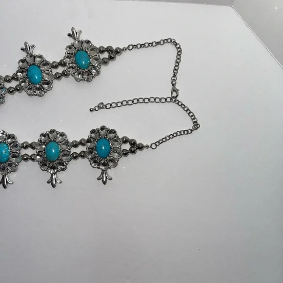 Silver tone squash blossom necklace with rhinestones & faux turquoise - Picture 9 of 13